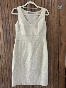 Ann Klein Metallic Cream Gold V Neck Dress Sz 8 Sheath - Picture 1 of 12