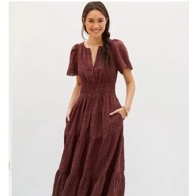 Maeve Anthropologie Eyelet Maxi Dress Tiered Flutter Sleeve Smocked Waist L - Image 1 of 4