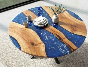 30" Handmade Sky Blue Epoxy Resin Table: Modern Wood Round Table Furniture Decor - Picture 1 of 10