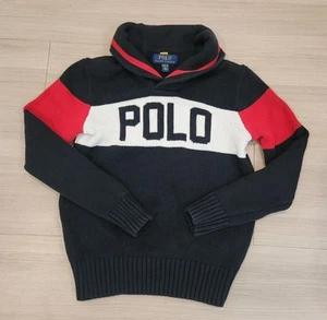 Ralph Lauren Polo Cotton Shawl Sweater Youth M 10/12 Black Red Polo Spell Out - Picture 1 of 4