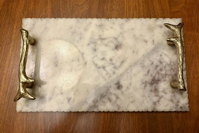 "Bandeja para servir de mármol blanco indio con mango de metal acabado dorado DECORATIVA 14x8""" Foto 1 de 4