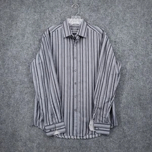 Bugatchi Uomo Shirt Men M Medium Gray Striped Button Up Flip Cuff Shaped Fit - Picture 1 of 13