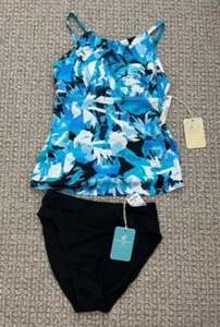 NWT Caribbean Joe Women's Swimsuit 2pc Size 10 Blue and Black - Picture 1 of 13