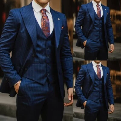Trajes para hombre azul marino solapa pico 3 piezas calce ceñido negocios boda esmoquin formal Foto 1 de 4