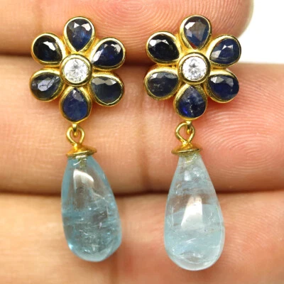 925 Sterling Silver 8 x 14 mm. Aqua Blue Aquamarine, Sapphire & Zircon Earrings  - Image 1 of 4