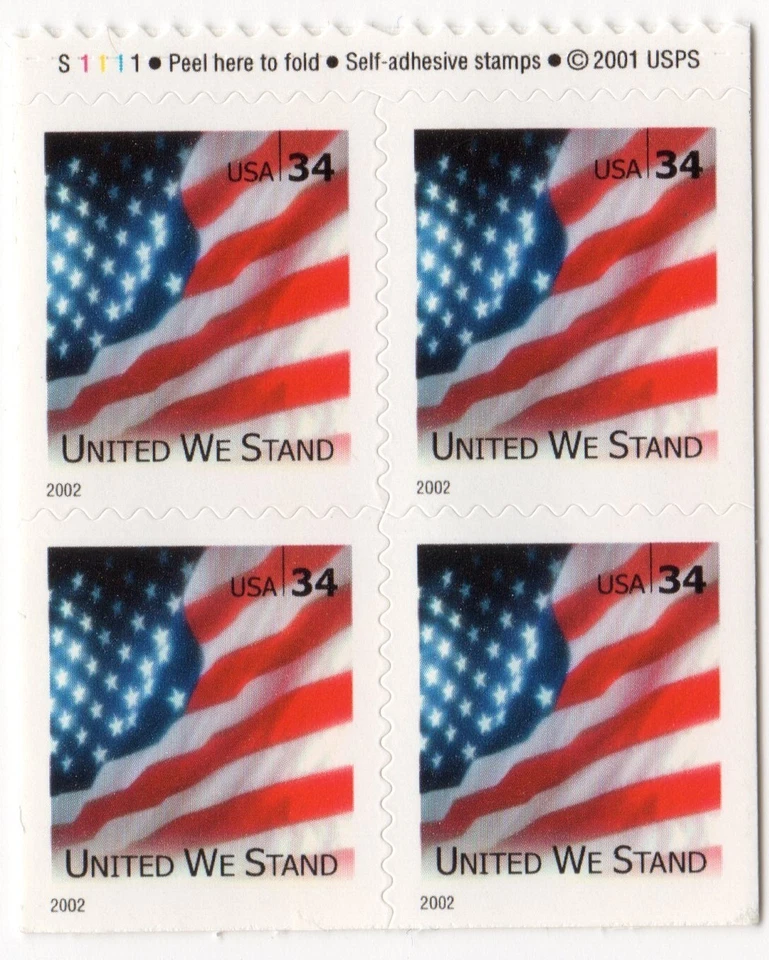 Scott #3549Be United We Stand Flag Booklet Pane of 4 Stamps w/Plate # - MNH - Image 1 of 1