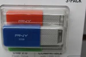 PNY USB 2.0 Flash Drives, 32GB, Assorted Colors, Pack Of 3 Drives FREE SHIPPING - Picture 1 of 3