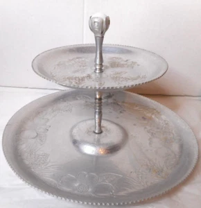 Hammered Aluminum 2 Tier Tray Emboss Flower Design Sawtooth Edge Marble Nob READ - Picture 1 of 16