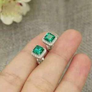 Natural Emerald 3Ct Round Cut Solitaire Stud Earrings 14K White Gold Plated - Picture 1 of 6
