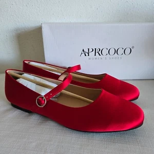 NEW WOMENS 8.5 RED APRCOCO DRESSY MARY JANE BALLET FLATS SHOES SATIN LOOK - Picture 1 of 13