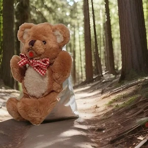 Vintage 1982 plush teddy bear brown red white gingham checked bow R. Dakin - Picture 1 of 5