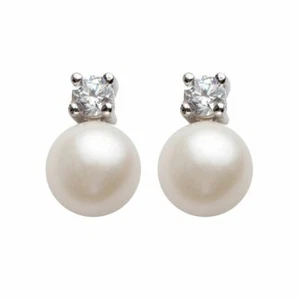 Pearl & Faux Diamond Stud Earrings Sterling Silver Freshwater Princess Style - Picture 1 of 3