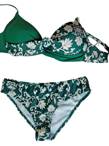 Shein UK M/L Dark Green Mix Wire Free Boost Padded Floral Bandeau Bikini Set - Picture 1 of 3