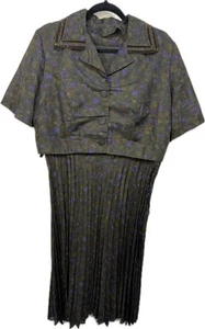 1950s MCM VTG Dress And Jacket Set Floral Green Brown Purple Velvet M/L? - Picture 1 of 8