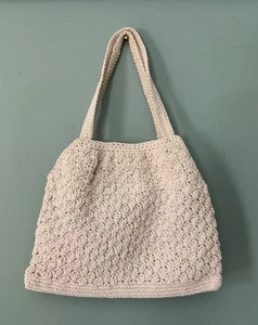 Y2K FRANKIE & JOHNNIE Handtasche Geldbeutel Retro elfenbein gehäkelt rosa Futter zwei Henkel - Bild 1 von 6