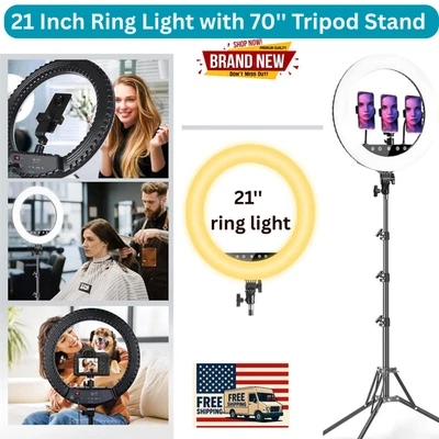 21" Ring Light with 70" Tripod, Touch Control, 3 Phone Holders, 3000K-6000K - Image 1 of 4