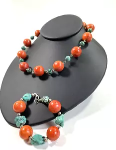 Vintage Natural Red Sponge Coral And Chrysocolla Beaded Necklace 925 Bracelet - Picture 1 of 24