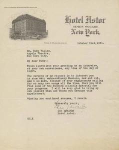 GUS EDWARDS 1931 SIGNED LETTER THE STAR MAKER TO RUDY VALLEE - Picture 1 of 4