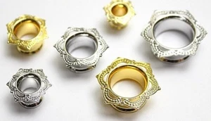 Floral Flower Double Flare Earing flesh Tunnels Ear Plugs Gold Boho Yoga Wicca - Picture 1 of 7