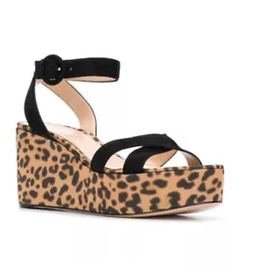 Gianvito Rossi Size 8.5 Leopard Print Satin Platform Wedge Sandals Black Suede - Picture 1 of 14