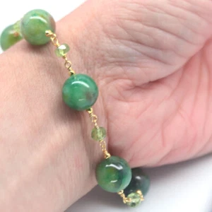 Edelsteine Grüner Jade & Peridot 925 Sterlingsilber 18K Vergoldet Armband 20.3cm - Bild 1 von 5