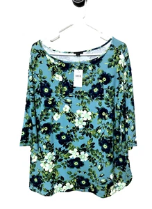 J.Jill Wearever Collection Size L Blue Floral 3/4 Sleeves Top Large T Shirt New - Picture 1 of 9