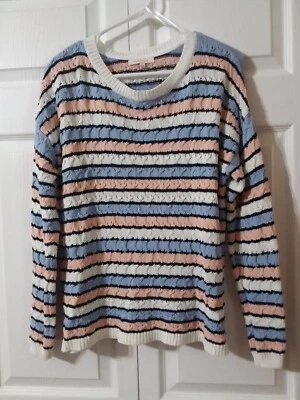 Suéter Pullover Skies Are Azul Talla L - Rayas Blanco Melocotón y Azul Foto 1 de 4