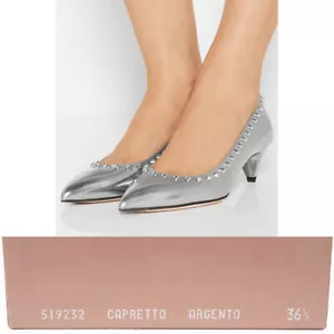 36.5 NEW $695 MIU MIU Silver Glazed Leather SPIKE STUDDED Point Toe KITTEN HEELS - Picture 1 of 12