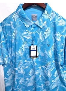 Callaway Mens Opti-Dri Golf Shirt UPF 15 Palm Leaves Print Blue Grotto LARGE - Picture 1 of 3