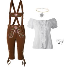 Donna Set Costume Tirolese Pezzi Pantaloni Camicetta Collana Bracciale Nuovo