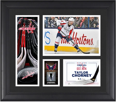 Taylor Chorney Capitals Framed 15x17 Collage & Piece of GU Puck Cover