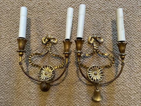 Pair Vintage Hollywood Regency PALLADIO Italian Gold Gilt Wall Sconces Sun Bell Cover