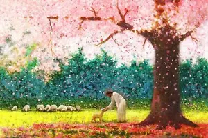Yongsung Kim IN GREEN PASTURES 16x24 Canvas Giclee Art Print Jesus Lamb & Sheep - Picture 1 of 1