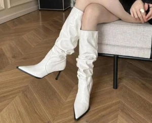 Womens Fashion Winter Pointy Toe Slouchy Patent leather Knee Boots High Heels - Picture 1 of 14