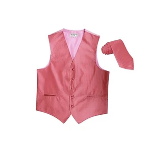 New Men's Tuxedo Vest Waistcoat Vertical Stripes Necktie prom formal party Coral - Picture 1 of 3