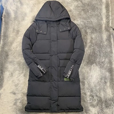 Abrigo acolchado largo negro con cremallera Kendall Kylie chaqueta de invierno capucha extraíble XS Foto 1 de 4