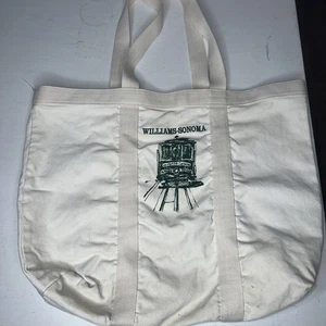 Williams-Sonoma Trolley Tote Market Bag Cream Green Cotton Canvas Bag 19 x 16 - Picture 1 of 8