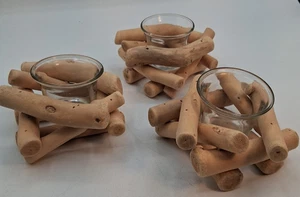 Driftwood / Glass Tea Light Candle Holders Set of 3 Rustic Beach Vibes - Picture 1 of 9