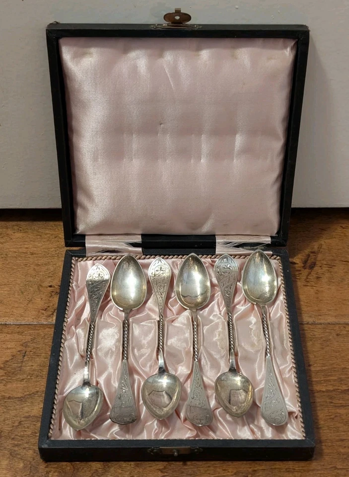 Set of 6 N.L.N. .830 Silver Coffee Tea Spoons Box Case Twisted Handle 5.75" Ag  - Image 1 of 4