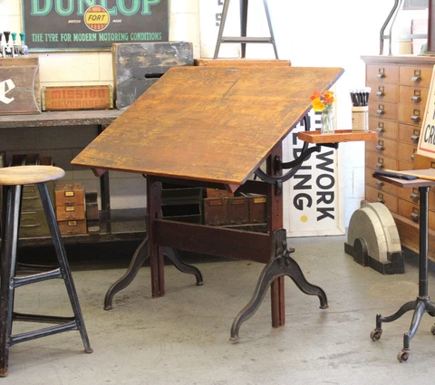 Vtg Antique Industrial Eugene Dietzgen Drafting Table Desk Cast Iron Legs 1920s Cover