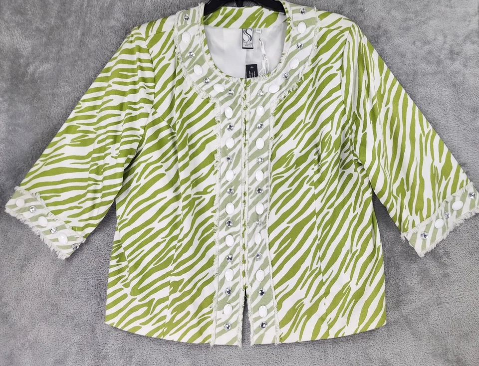Jaqueta feminina Silk Land 2X padrão zebra verde strass anos 90 retrô vintage - Imagem 1 de 4
