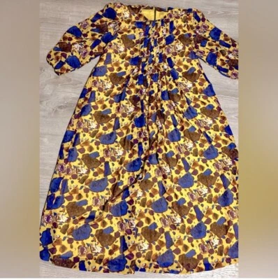 Maxi Vestido Vintage Años 60 Amarillo Azul Marrón Seda Plisado Talla 8/10 Mediano Foto 1 de 4