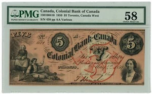 1859 Colonial Bank of Canada Toronto CAN $5 Note PMG 58 Charlton 130-10-04-10 - Picture 1 of 2