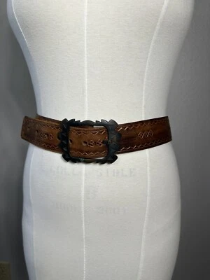 Cinturón de cuero vintage Big Western hebilla de bronce en relieve marrón accesorio vaquera Foto 1 de 4
