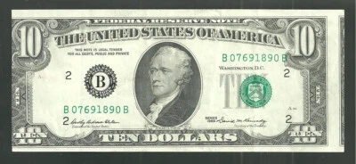 Error Miscut United States 10 Dollars 1969 US Paper Money Faulty Alignment - Image 1 of 2