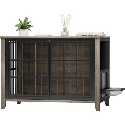 Canil de madeira para caixas de cachorro 37,7 pol. com tigelas ajustáveis 360° cinza - Imagem 1 de 4