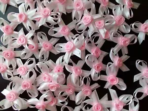 Satin Ribbon White Bows/ Pink Rose 20 pcs Bow Applique Decorati Gift Craft Card - Picture 1 of 2