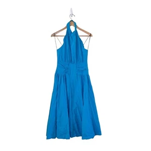 90s Just For Wraps Fit n Flare Halter Midi Dress Blue Sz 11/12 Open Back Beach - Picture 1 of 8
