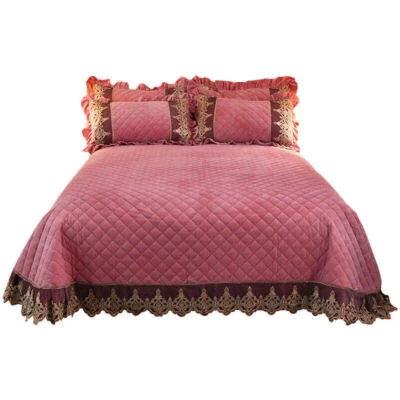European Lace Velvet Bedspread King Size Oversized Soft Warm Bed Cover Quilted - Image 1 of 4