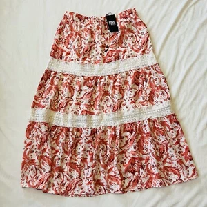 NWT FRYE Maxi Skirt Womens Sz L Coral White Floral Boho Tiered Lined - Picture 1 of 6